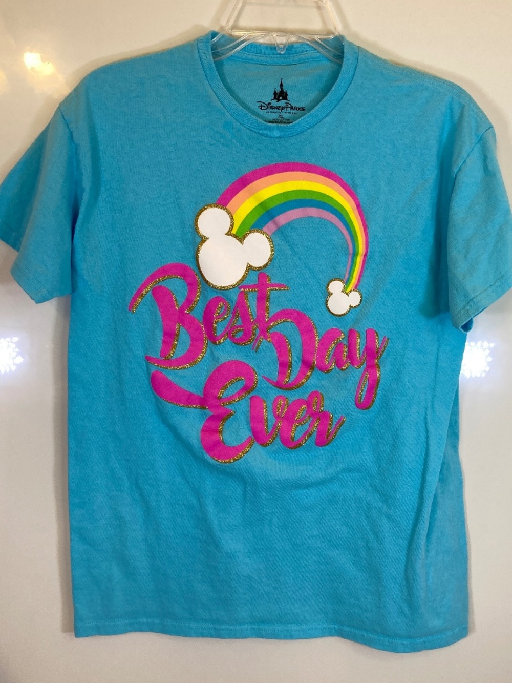 Disney Best Day Ever Youth XL Blue Short Sleeve Shirt Gold Glitter